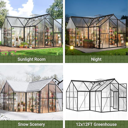 VIWAT T-Shape 12x12 FT Greenhouse for Outdoors, Polycarbonate Greenhouse with Quick Setup Structure, Double Roof Vents and Doors, Aluminum Walk-in Green House for Outside for Backyard Garden, Black