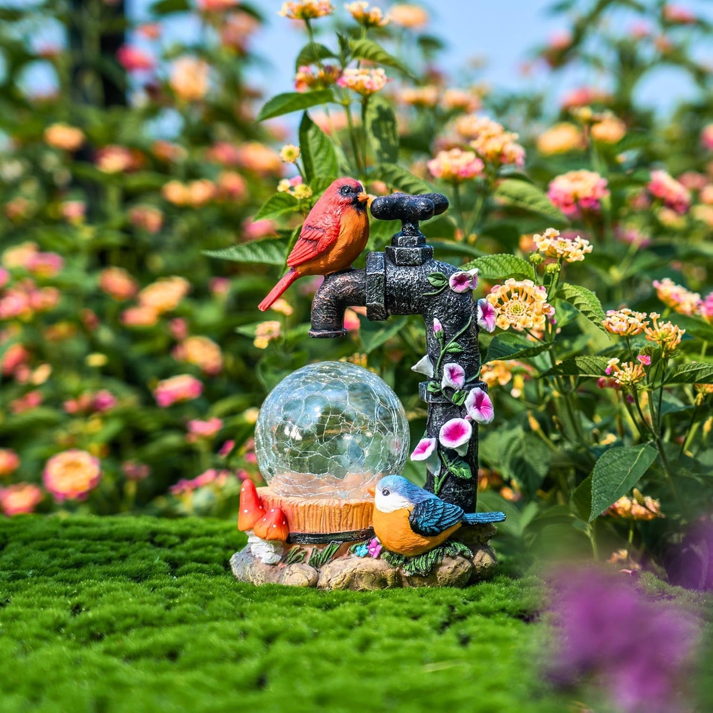 TERESA'S COLLECTIONS Garden Decor, Cardinal Garden Decor, Cute Cardinal and Faucet and Solar Light Glass Ball, Waterproof Resin Garden Statues, Cardinal Gifts, Birthday Gifts for Women Mom, 6"