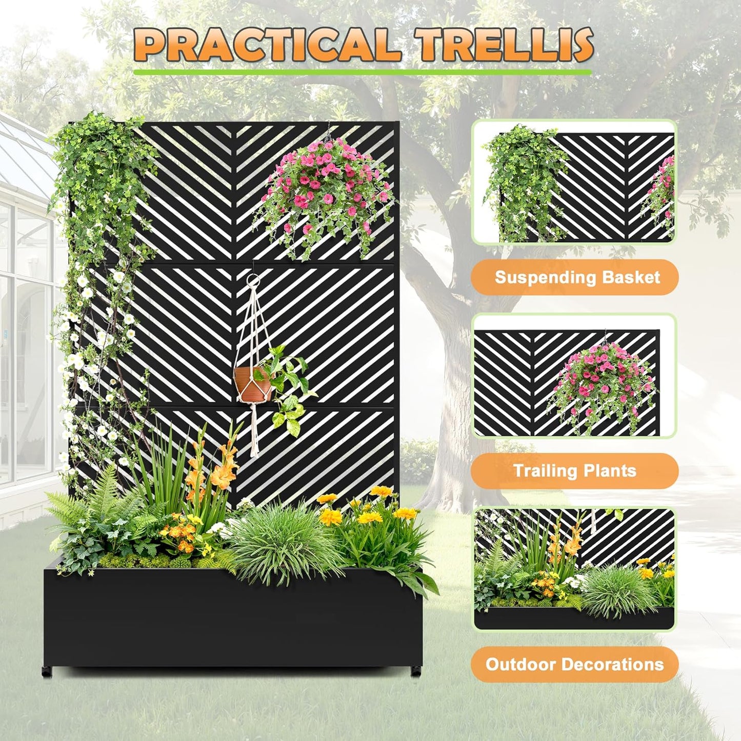Metal Raised Garden Bed with Trellis, 2-in-1 Planter Box & Privacy Screen for Climbing Plants, Outdoor Standing Flower Bed with Drainage Holes, 47.2" L x 16.7" W x 70.8" H, Black-Parallel