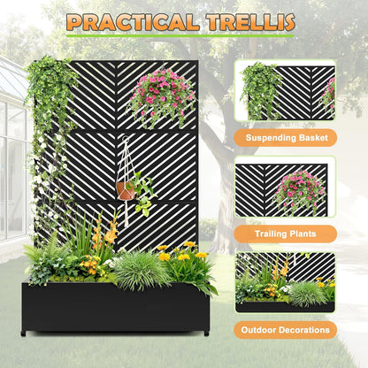 Metal Raised Garden Bed with Trellis, 2-in-1 Planter Box & Privacy Screen for Climbing Plants, Outdoor Standing Flower Bed with Drainage Holes, 47.2" L x 16.7" W x 70.8" H, Black-Parallel