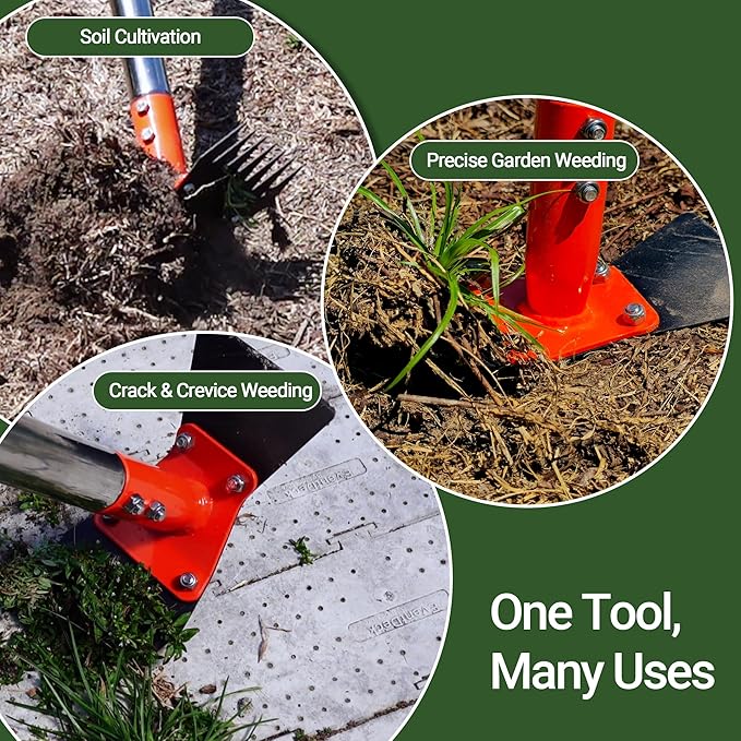 2-in-1 Garden Hoe and Weed Puller Rake, 60 Inch Adjustable Long Handle Weeding Tool Heavy Duty Spring Steel Head with Sand Grain Coating, Weed Remover for Garden, Yard, Lawn, Driveway