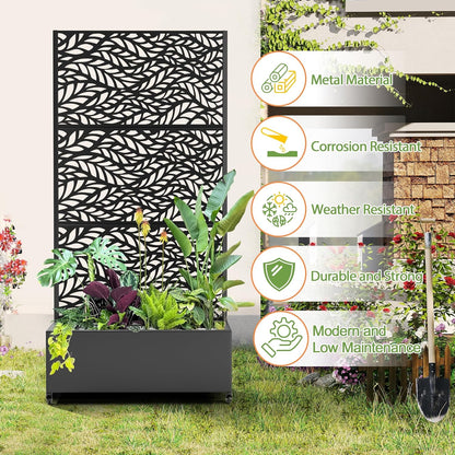 Raised Garden Bed with Trellis and Wheels,73"x35"x16" Metal Raised Garden Bed,Black Flowing Leaf Metal Planter with Climbing Trellis for Vines & Vegetables