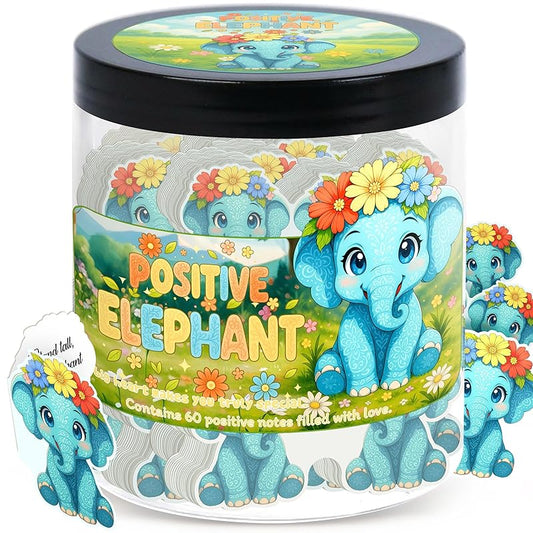 Positive Elephant Jar with 60 Daily Affirmation Cards, Emotional Support Elephant, Elephant Decor, Office Desk Accessories, Gift for Teenage Girl, Mens Birthday Gift, Appreciation Gifts