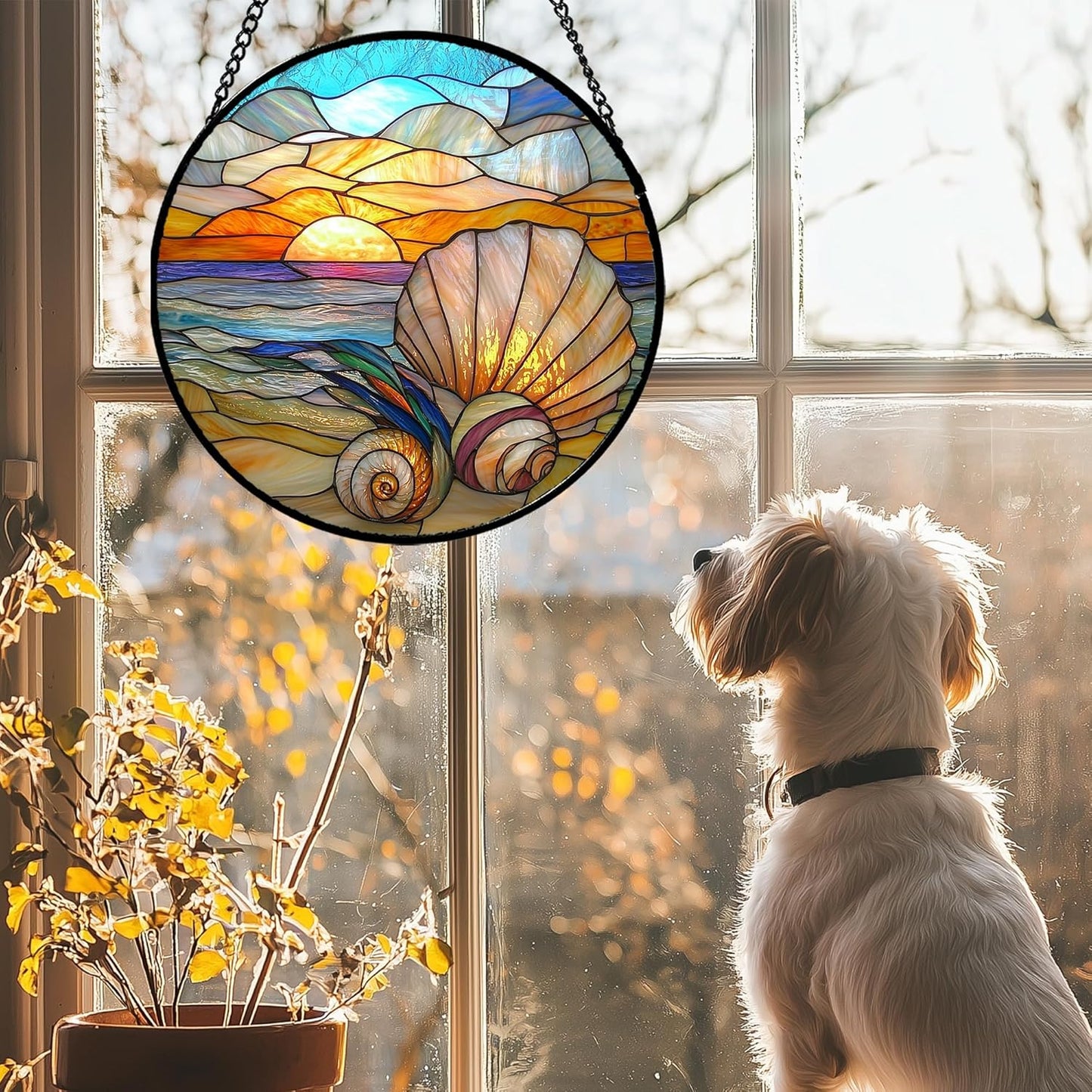 Stained Glass Window Hanging - Colorful Beach Shells Conch Sun Catcher for Door Home Decor Ocean Suncatcher Christmas Mother's Day Birthday Sea Lover Gifts for Women Men Mom Nana 7.8 in