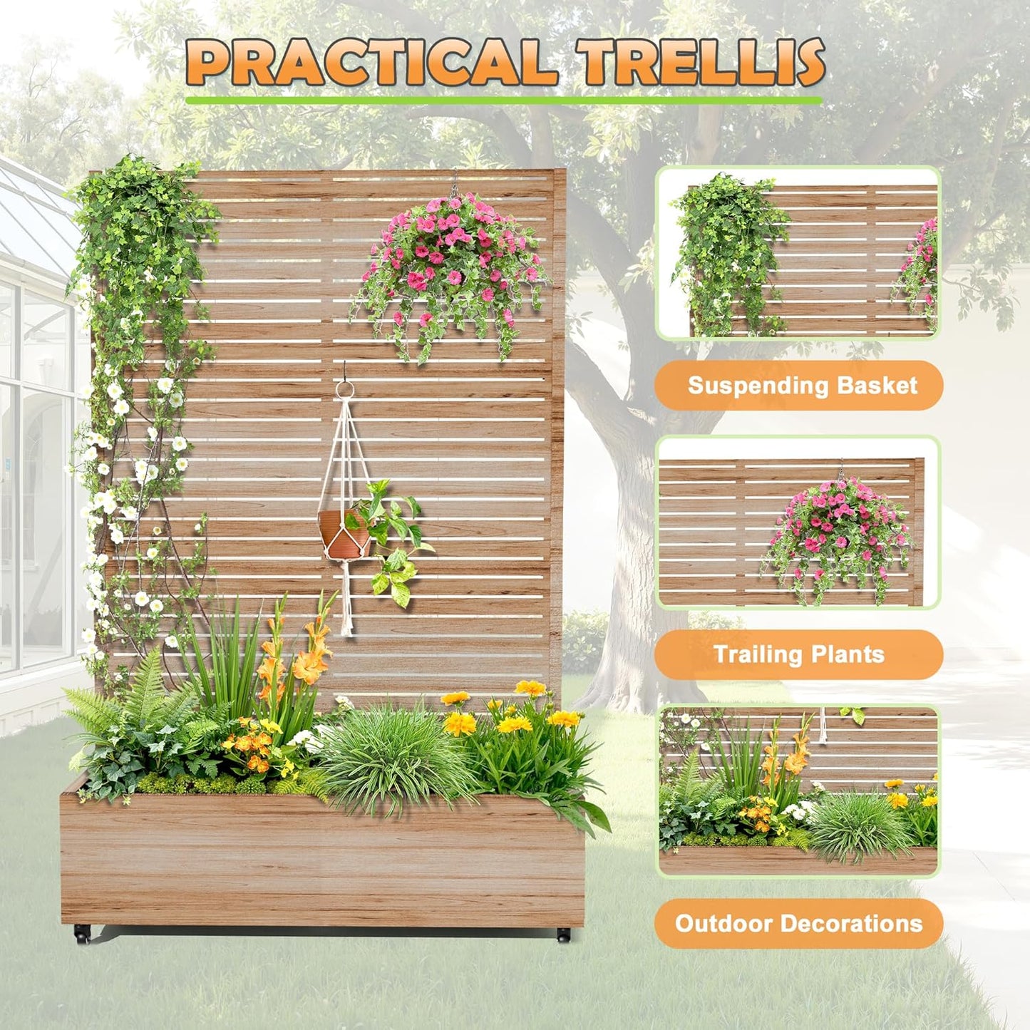 Metal Raised Garden Bed with Trellis, 2-in-1 Planter Box & Privacy Screen for Climbing Plants, Outdoor Standing Flower Bed with Drainage Holes, 47.2" L x 16.7" W x 70.8" H, Acacia Wood Grain