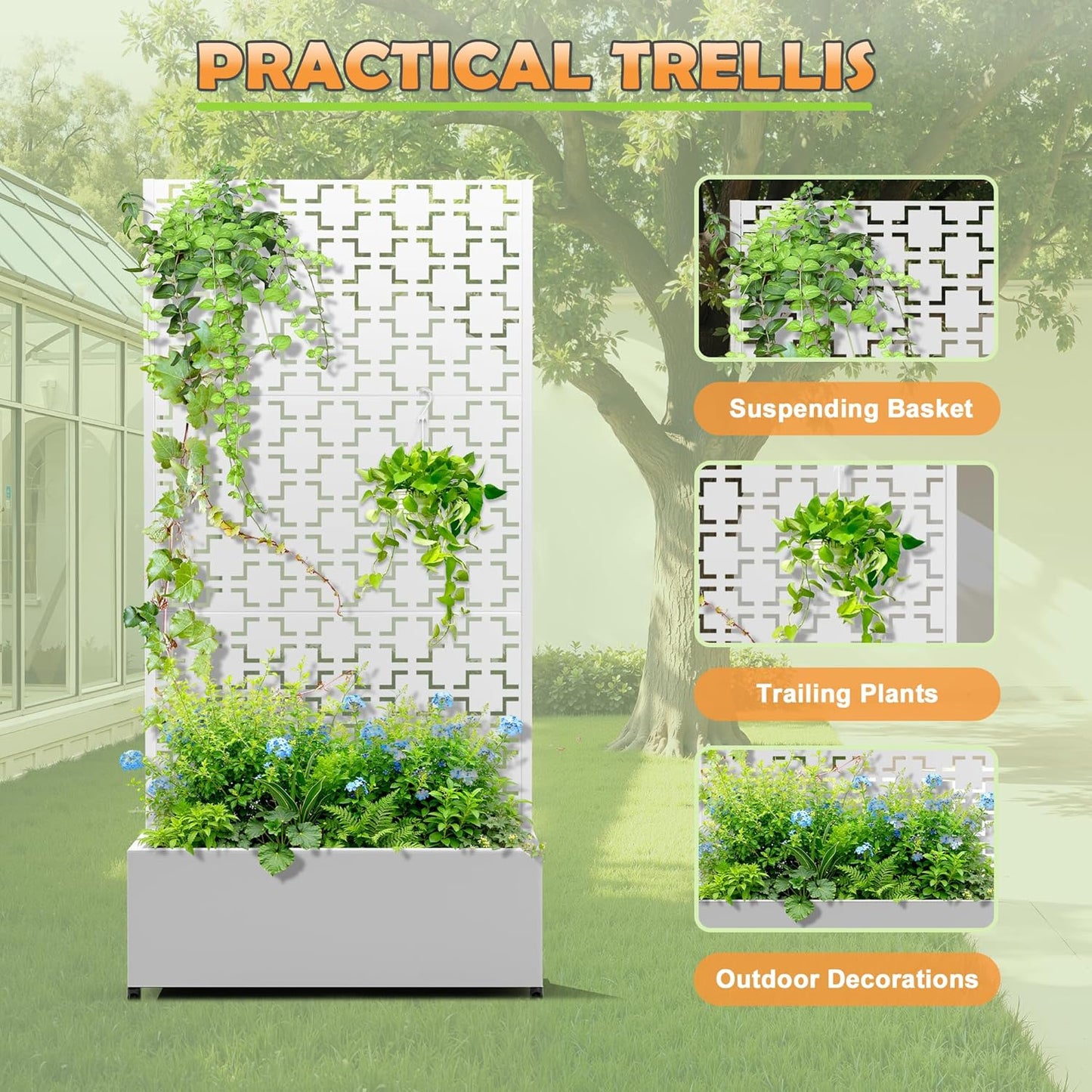 Metal Raised Garden Bed with Trellis, 2-in-1 Planter Box & Privacy Screen for Climbing Plants, Outdoor Standing Flower Bed with Drainage Holes, 35.4" L x 15.7" W x 70.1" H, White-Square