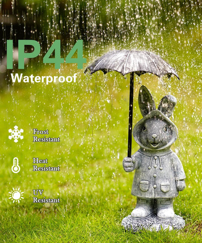 Solar Rabbit Garden Statue Outdoor Decor, Bunny Figurines Lights with Umbrella for Outside Yard Lawn Ornaments,Gifts for Mother's Day Birthday Easter Housewarming(Grey)