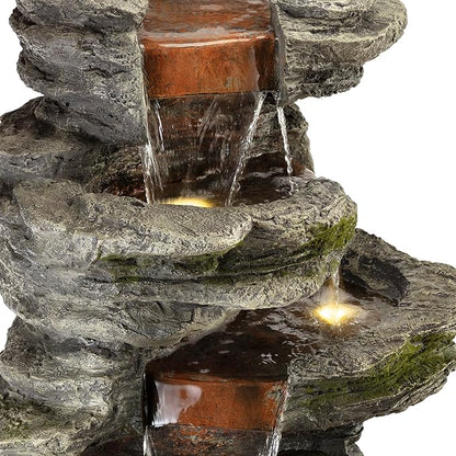 Alpine Corporation WIN1146 Outdoor Floor Cascading 8 Tiered Rock Garden Water Fountain with LED Lights, 58", Gray