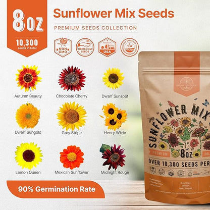 Sunflower Mix Seeds Pack 8 oz - Over 10,300 Non-GMO Heirloom Sunflower Seeds for Planting, Annual Flowers in Individual Seed Packet for Planting Home Garden Indoor & Outdoor Gardening