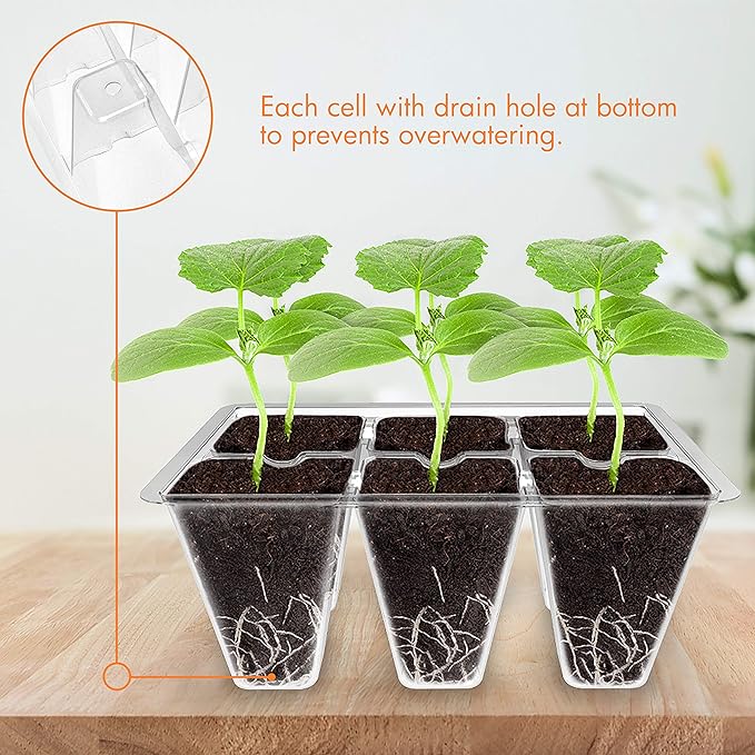 Gardzen 120 Pack 6-Cell Seed Starting Tray for Seedlings, Plant Starter Trays with Drainage Holes for Seed Germination, 5.4x3.7 inches, Clear