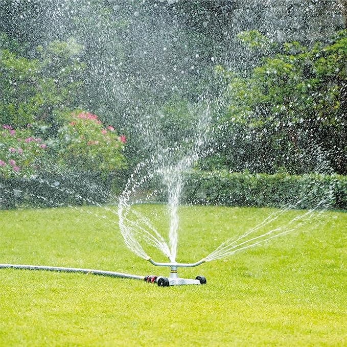 Eden 94129 Metal 3-Arm Revolving Sprinkler on Wheel Base W/Quick Connect Starter Set, Heavy Duty, Garden Hose Sprinkler, Lawns, Circular, Coverage up to 1390 sq.ft