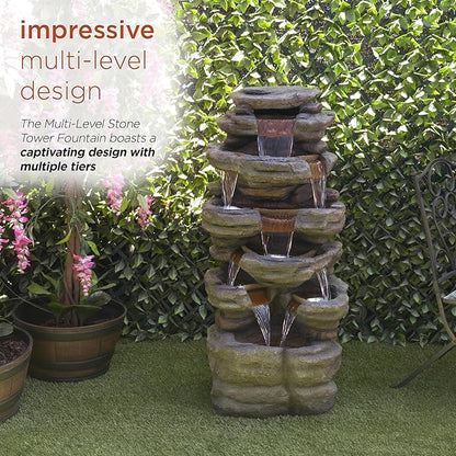 Alpine Corporation TZL352 Outdoor Floor Stone Tower Fountain with LED Lights, Multi-Level Garden Water Fountain, 47"H, Gray