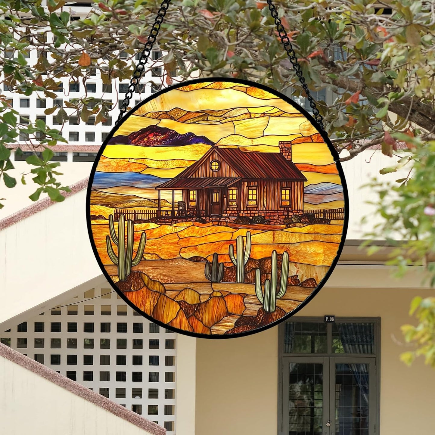 Stained Glass Window Hanging 4 Pcs Set Desert Sunset Theme Landscape 6.3" - Suncatcher Door Garden Sun Catcher Decor Birthday Christmas for Mom Woman Nana Men