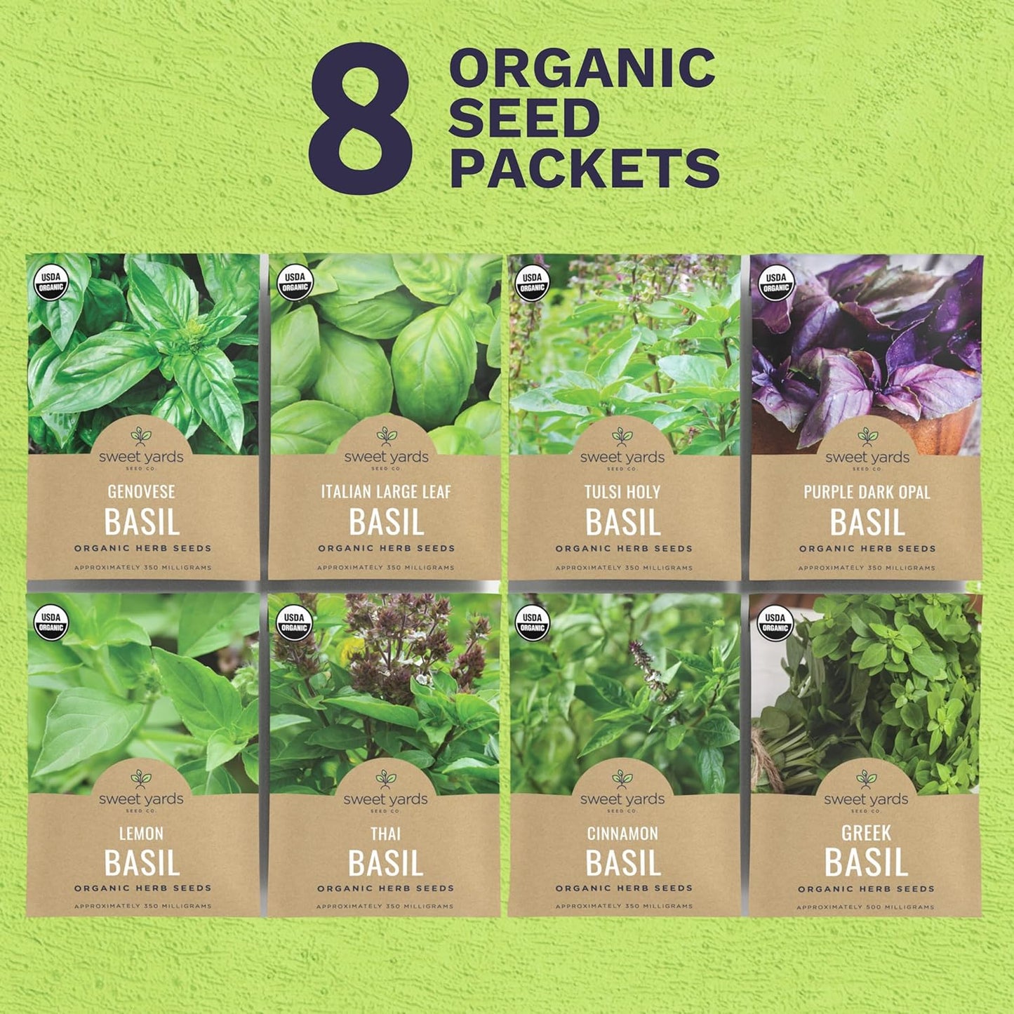 Organic Basil Seeds Variety Pack - 8 Individual Packs - 2025 Season - Genovese, Thai, Lemon, Greek, Cinnamon and More! for Indoor & Outdoor Planting (Non-GMO, Certified Organic)