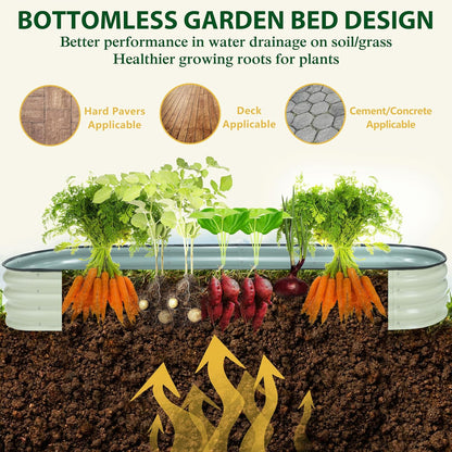 MUPATER 8x2x1 ft Raised Garden Bed Outdoor for Vegetables, 9-in-1 Galvanized Metal Planter Box, 11.1'' H Modular Garden Bed Kit Oval for Herbs and Flowers, Pearl White