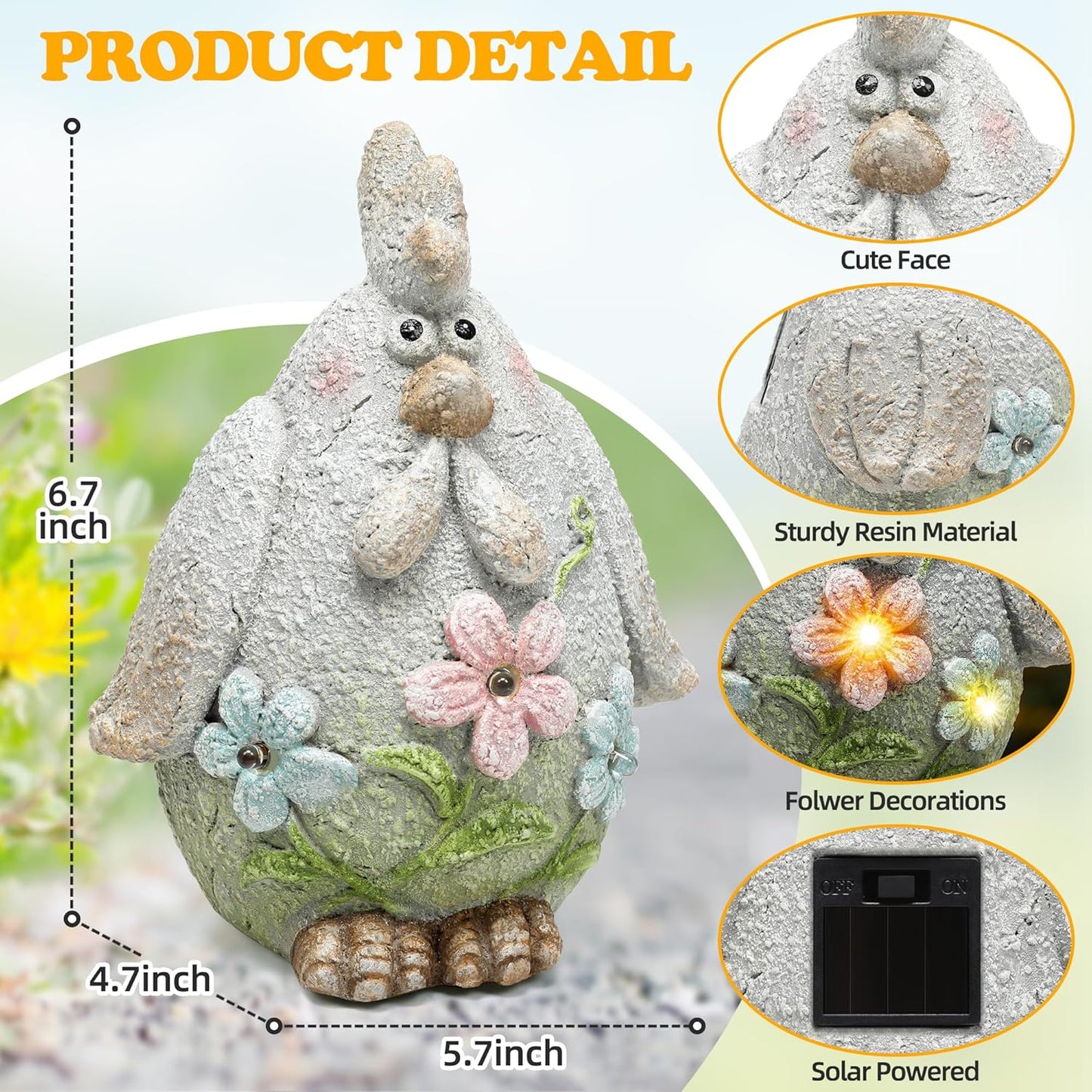 Solar Chicken Garden Statue with LED Lights for Outdoor Decoration,Chicken Statue Sculpture Yard Decorations, Outdoor Animal Figurine Gifts for Garden Patio Lawn Backyard Farmhouse