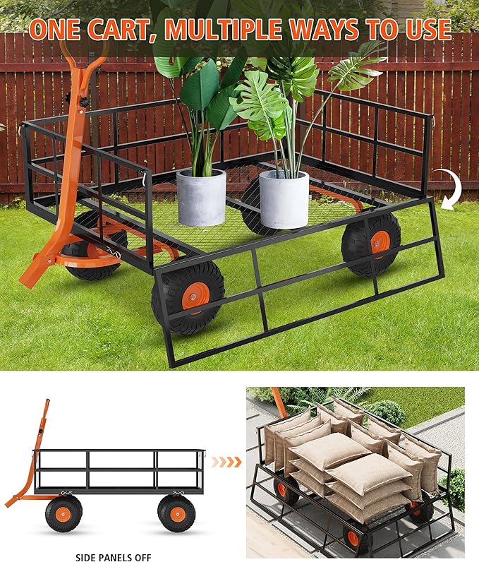 Metal Wagon - 1200lbs Garden Cart with 10" Multi-Terrain Tires, 4 Removable Mesh Sides & 180° Swivel Handle, Yard Wagon Cart for Lawn, Yard, Patio Gardening