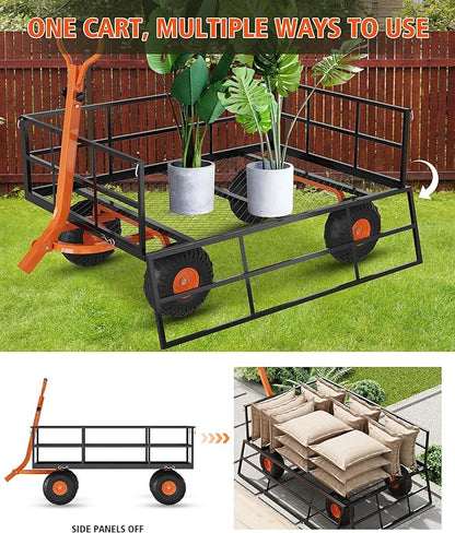 Metal Wagon - 900lbs Garden Cart with 10" Multi-Terrain Tires, 4 Removable Mesh Sides & 180° Swivel Handle, Yard Wagon Cart for Lawn, Yard, Patio Gardening