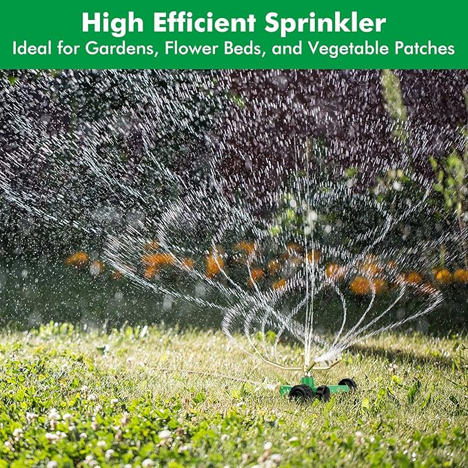 [2 Pack] RESTMO 3-Arm Metal Sprinkler with Wheel Base, 360 Degree Automatic Rotary Lawn Sprinkler System for Garden Plant, Flower Bed and Yard Watering and Large Yard Area Watering