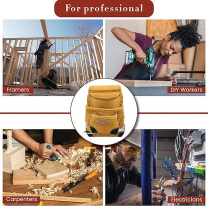 Style n Craft 10-Pocket Carpenter’s Nail & Tool Pouch with Tape Clip, Heavy-Duty Leather Tool Pouch, Perfect and Durable Full-Grain Leather Pouch, Yellow with Black Leather Corners (93924)