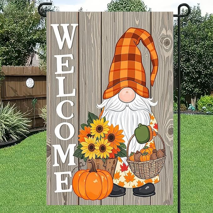 Thanksgiving Fall Garden Flag 12x18 Inch Welcome Gnome Flag Double Sided Autumn Yard Banner Sunflowers Pumpkins Acorn Basket for Porch Lawn Patio Seasonal Decor