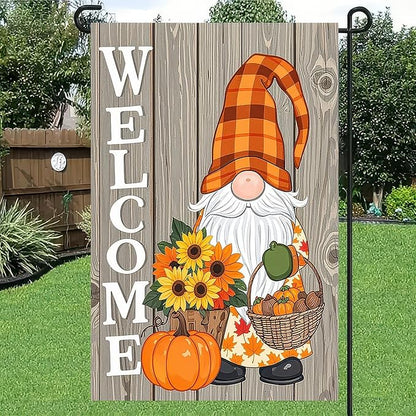 Thanksgiving Fall Garden Flag 12x18 Inch Welcome Gnome Flag Double Sided Autumn Yard Banner Sunflowers Pumpkins Acorn Basket for Porch Lawn Patio Seasonal Decor