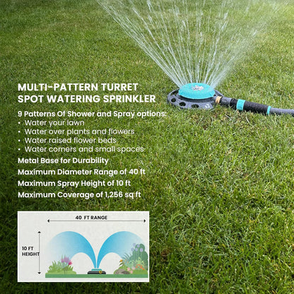 Spot Watering Sprinkler 400001, Decorative Turret Style, Adjustable to 9 Spray Patterns on Metal Base by New England Garden Tools