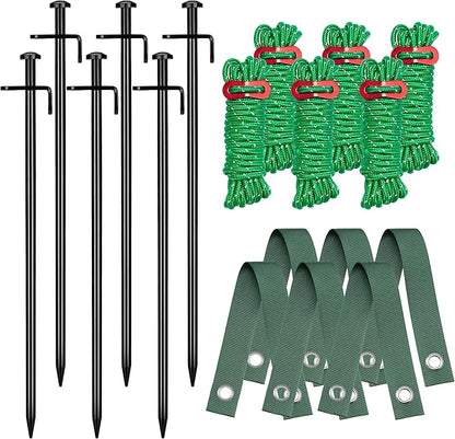 Kingsyard Heavy Duty Tree Stake Kit, 6 Pcs 16 Inch Steel Tree Stakes and Supports for Leaning Young Trees Straightening Kit Against Bad Weather, with 6Pcs Straps & 6Pcs 13ft Anchor Ropes