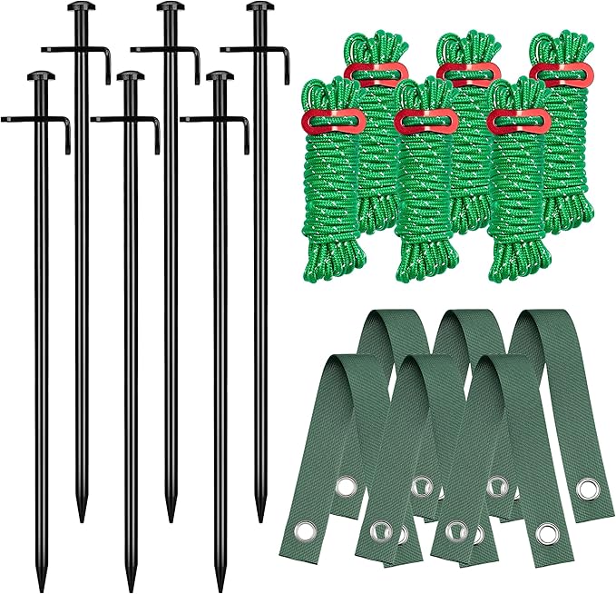 Kingsyard Heavy Duty Tree Stake Kit, 6 Pcs 12 Inch Steel Tree Stakes and Supports for Leaning Young Trees Straightening Kit Against Bad Weather, with 6Pcs Straps & 6Pcs 13ft Anchor Ropes