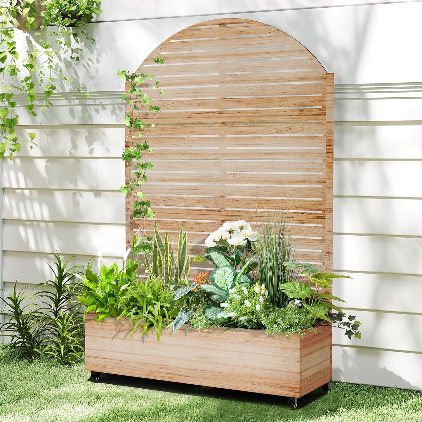 Raised Garden Bed with Arched Trellis and Wheels,73"x47"x16" Metal Raised Garden Bed,Acacia Finish Metal Planter with Climbing Trellis for Vines & Vegetables