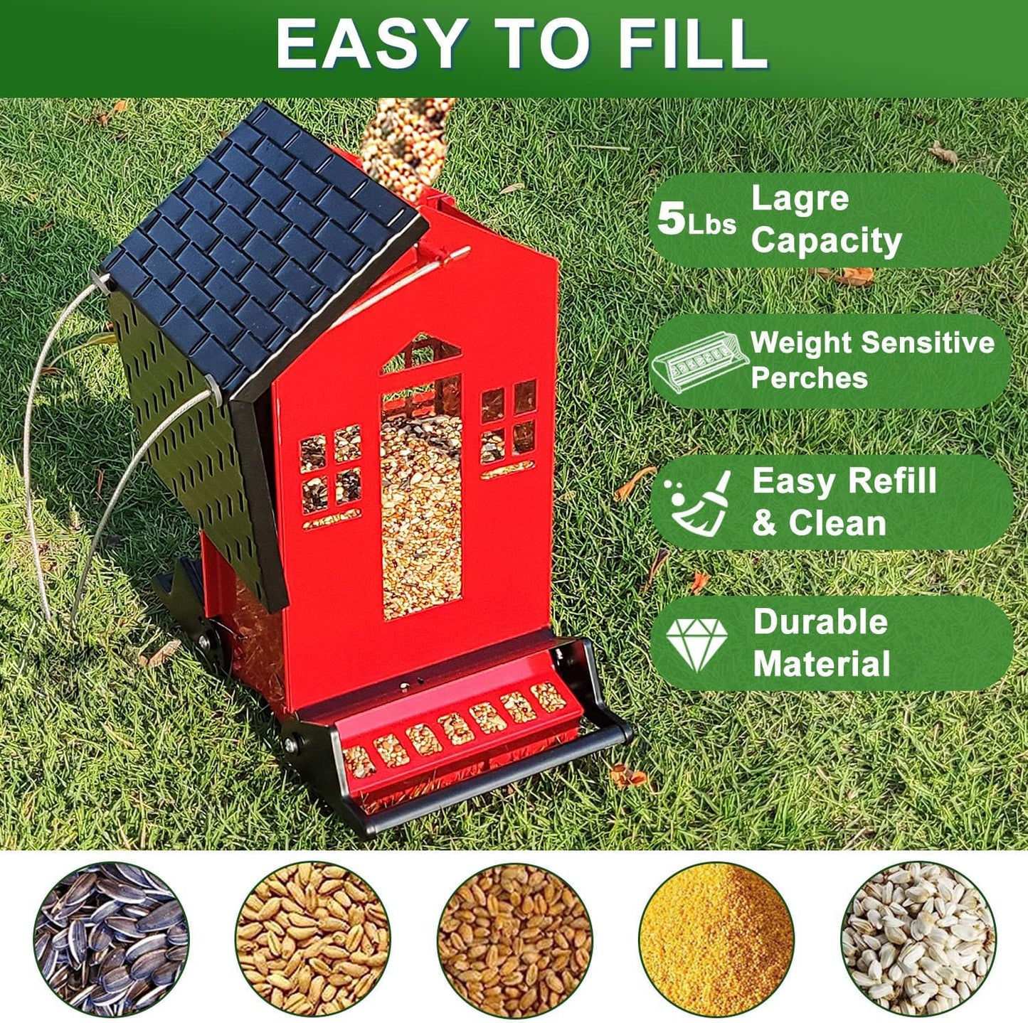 Squirrel Proof Bird Feeder, 6LBS Hanging Bird Seed Feeders for Outdoors, Weight-Activated Perches Metal Wild Birdfeeder for Blue Jay, Cardinal, Garden (Red)