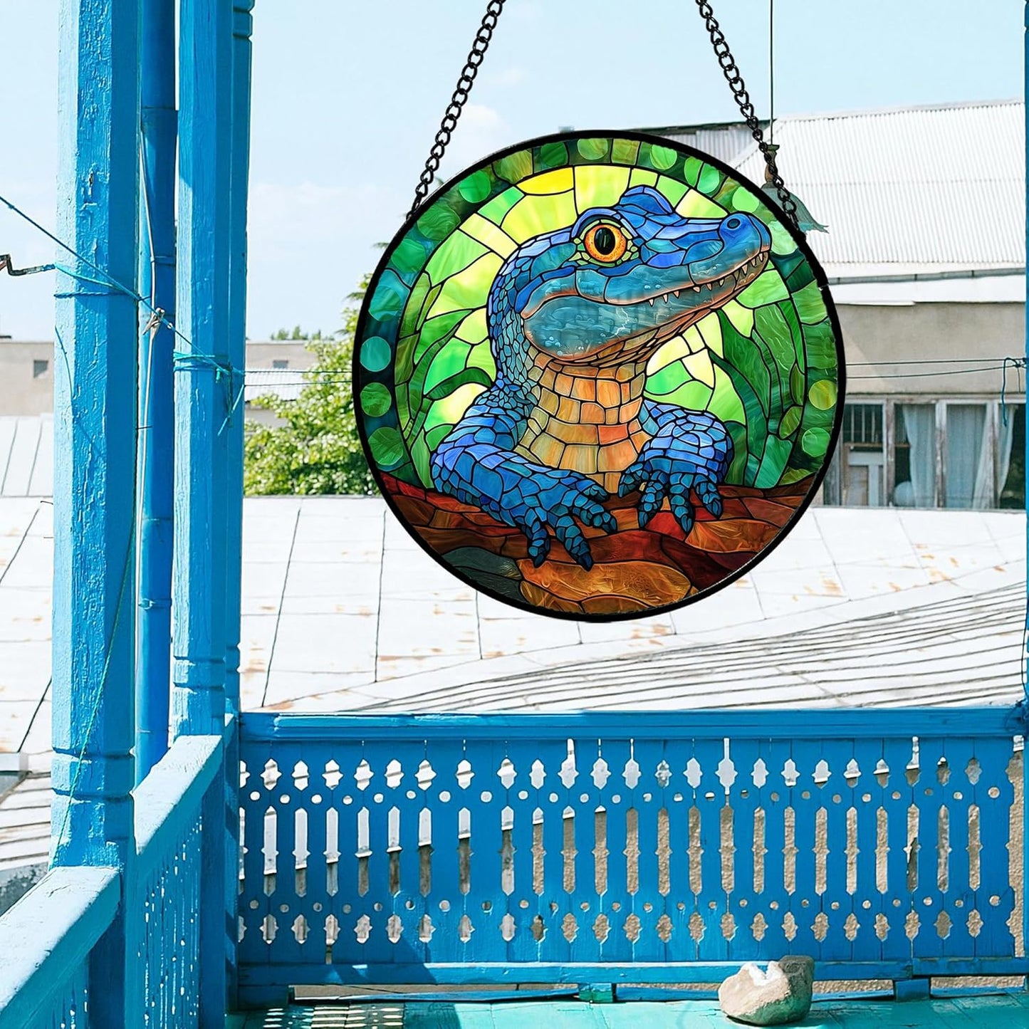 Stained Glass Window Hanging, Blue Alligator Sun Catcher for Window Door Home Decor Green Brown Suncatcher Christmas Mother's Day Birthday Gifts for Women Men Mom and Nana 11.8 in