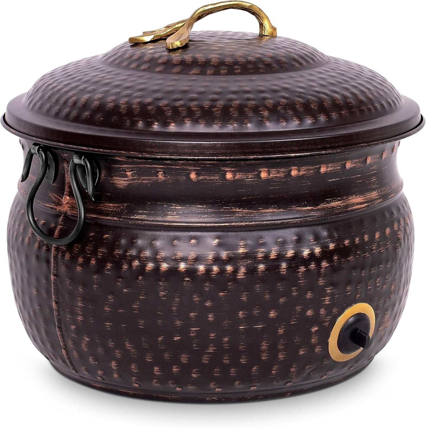 BIRDROCK HOME Water Hose Holder - Decorative Metal Pot, Indoor or Outdoor, Garden Storage Organizer, Patio Portable Bucket - Distressed Bronze, Holds up to 200ft Hoses, Large with Lid