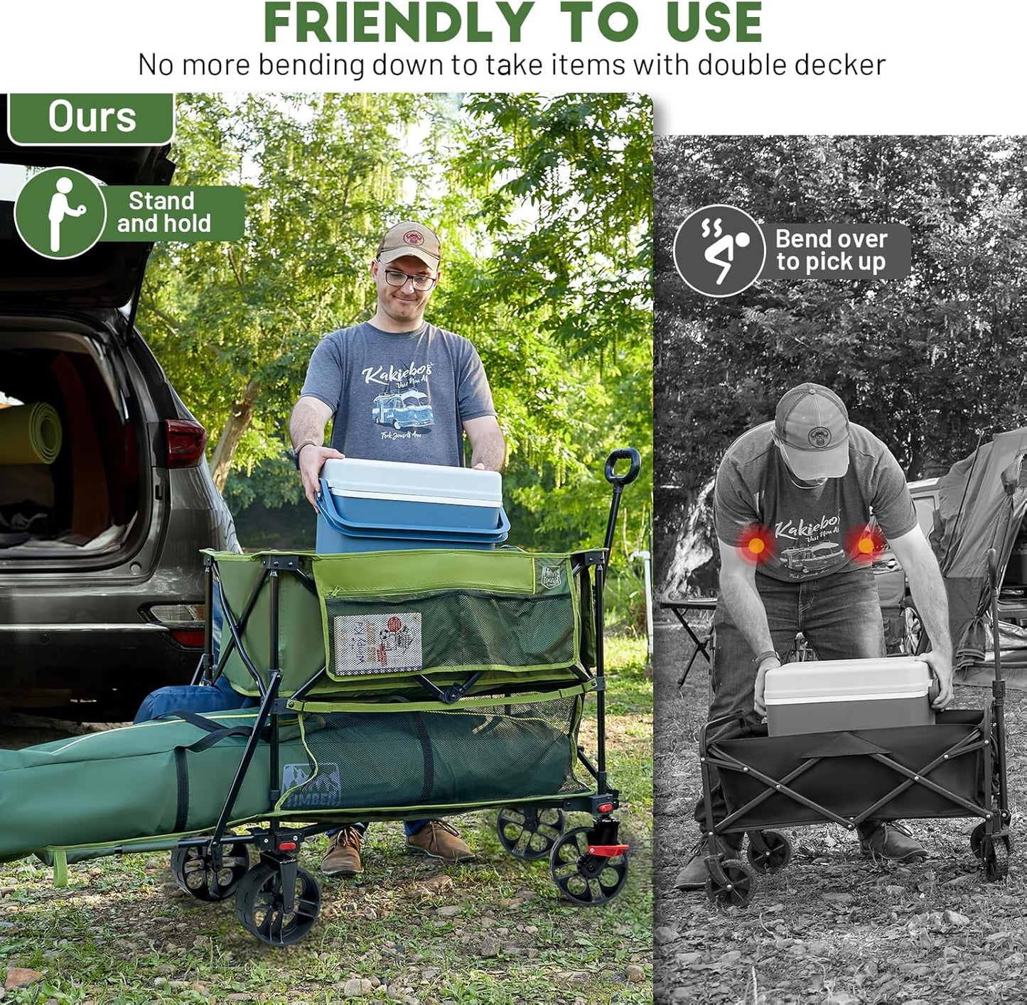 TIMBER RIDGE 400L Large Capacity Folding Double Decker Wagon with Brakes, 54" Extra Long Extender Wagon Cart, 450lbs Heavy Duty Collapsible Cart, All-Terrain Big Wheels for Camping, Sports, Shopping