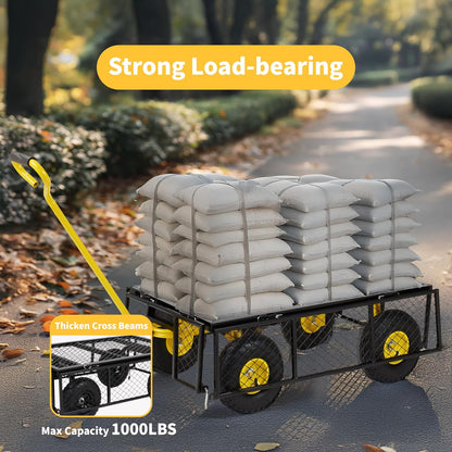 Finnhomy Heavy Duty 1000 Lbs Capacity Mesh Steel Garden Cart, Pullable Garden Wagons Carts on Wheels, Folding Utility Wagon with Removable Sides for Outdoor, Yard, Lawn, Yellow