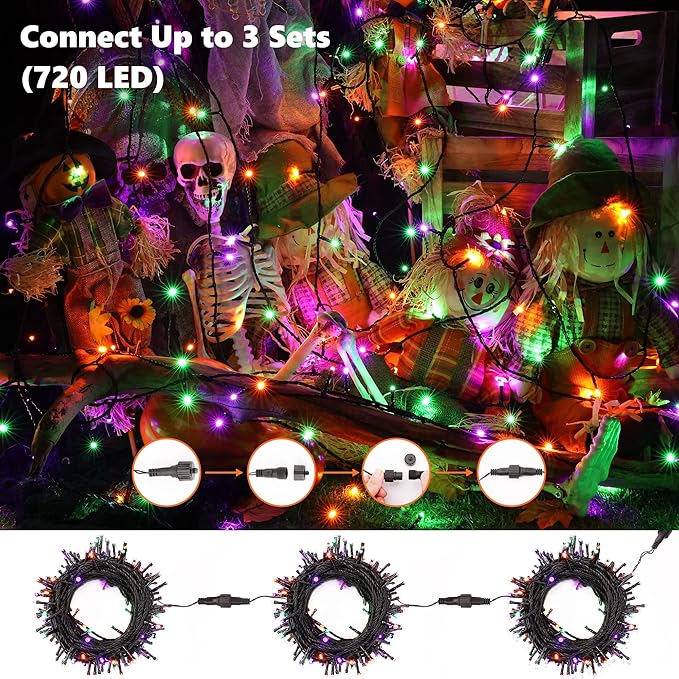 Brizled Mini Halloween Lights, 78.74ft 240 LED String Lights Connectable, 8 Modes Outdoor Halloween Lights, Spooky Tree Light with Timer for Carnival Party Decor, Purple & Green & Orange