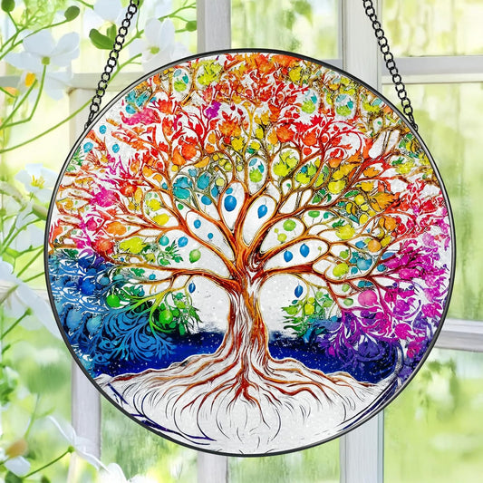 Stained Glass Window Hanging, Pauyadu Tree of Life Sun Catchers Indoor Window, Tree of Life Suncatcher Decor Gifts for Women, Mom, Grandma, Elder, Family and Friends- 8 Inch