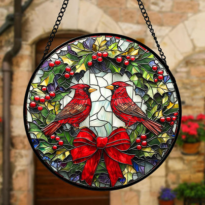 Stained Glass Window Hanging - Cardinals Green Wreath Suncatcher for Doors Home Christmas Decoration Red Bird Sun Catcher Thanksgiving New Year Birthday Gift for Women Men Mom Nana 9.8 in