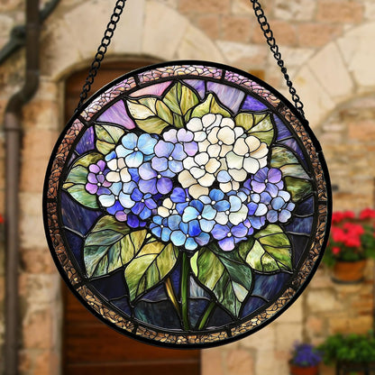 Stained Glass Window Hanging, Hydrangea Flowers Sun Catchers Diamond Glass Panel Hangings Plant Suncatcher Decor for Birthday for Women, Men, Wife, Aunt, and Mom 6.3 in