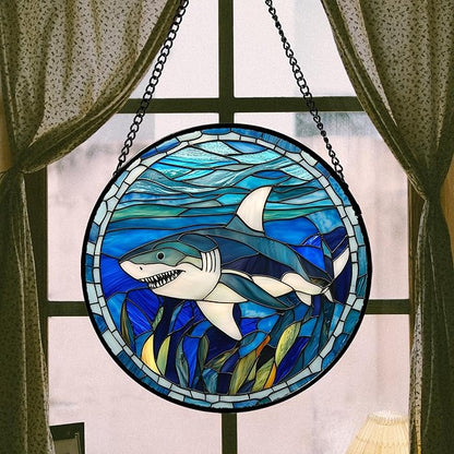 Stained Glass Suncatcher, Blue Ocean Big Shark Sun Catcher Waterweed Stain Glass Window Hanging Decoration Mother's Day Birthday Gifts for Women Men Mom Nana 9.8 in