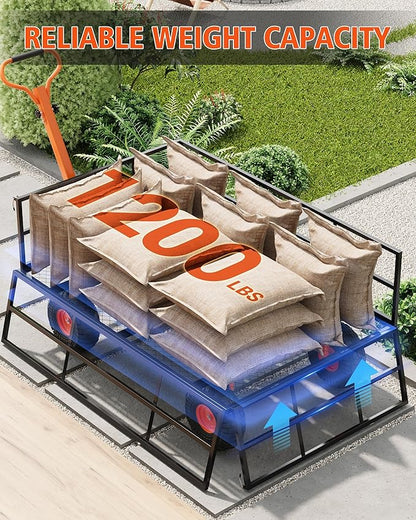 Metal Wagon - 1200lbs Garden Cart with 10" Multi-Terrain Tires, 4 Removable Mesh Sides & 180° Swivel Handle, Yard Wagon Cart for Lawn, Yard, Patio Gardening