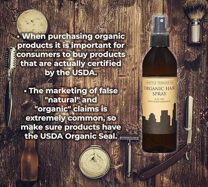 Seattle Pomade Co. Certified Organic Hair Spray made with Organic Aloe and Acacia Fiber. Strengthens & Lightly Holds Hair. Globally sourced certified organic materials.