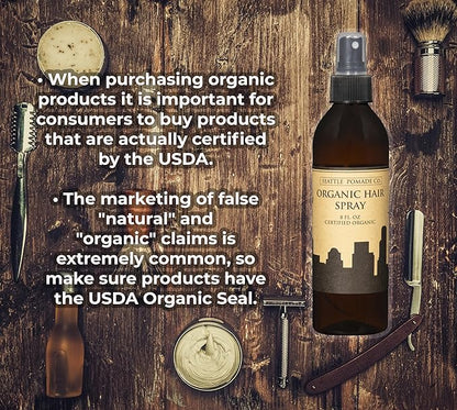 Seattle Pomade Co. Certified Organic Hair Spray made with Organic Aloe and Acacia Fiber. Strengthens & Lightly Holds Hair. Globally sourced certified organic materials.