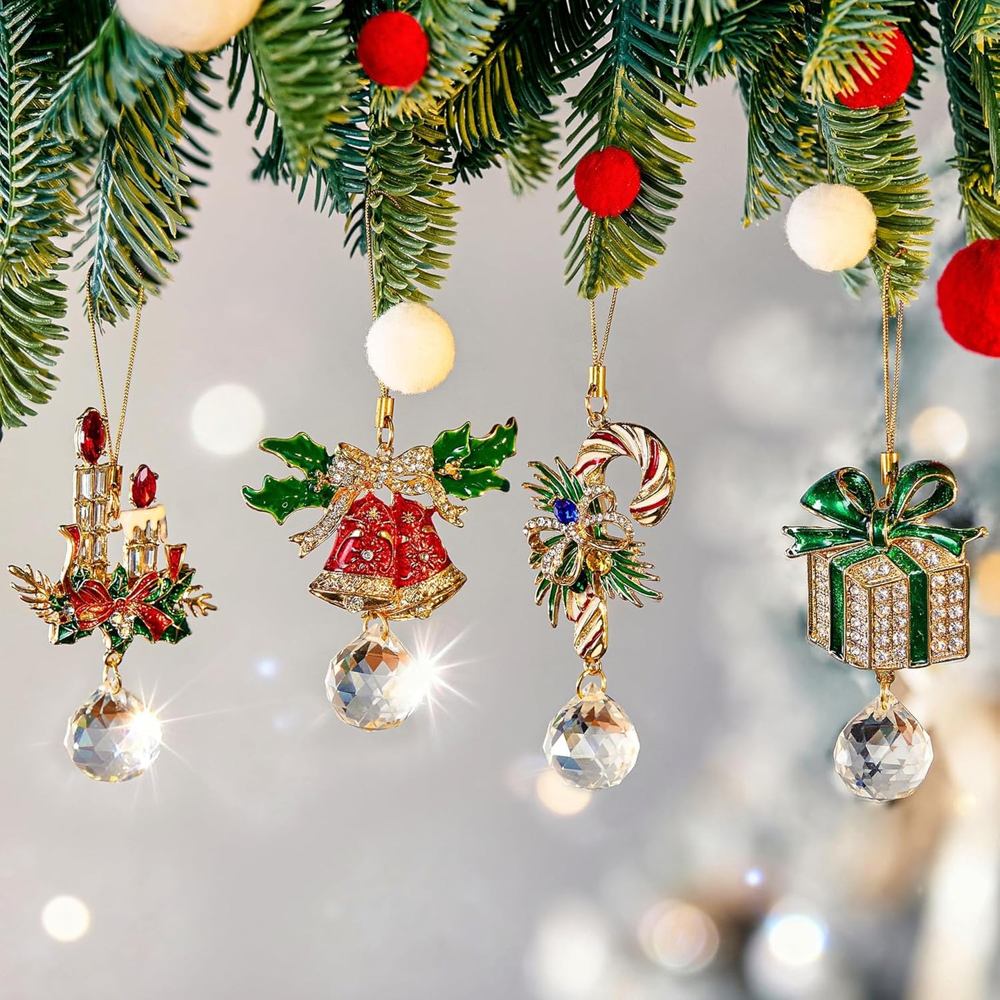 H&D HYALINE & DORA Set of 4 Christmas Sun Catcher with Crystals Cane/Box/Bell/Candle Hanging Crystal Prism Suncatcher for Holiday Party Home Decor