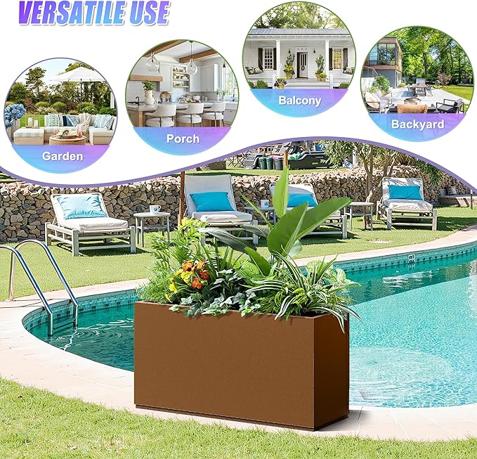 Tall Metal Planter, 10" W×16.3" H Large Rectangular Planter Box for Outdoor or Indoor, All-Weather Durable Plant Box with Drainage Holes & Removable Shelf for Patio, Porch, Garden, Trees, Flowers