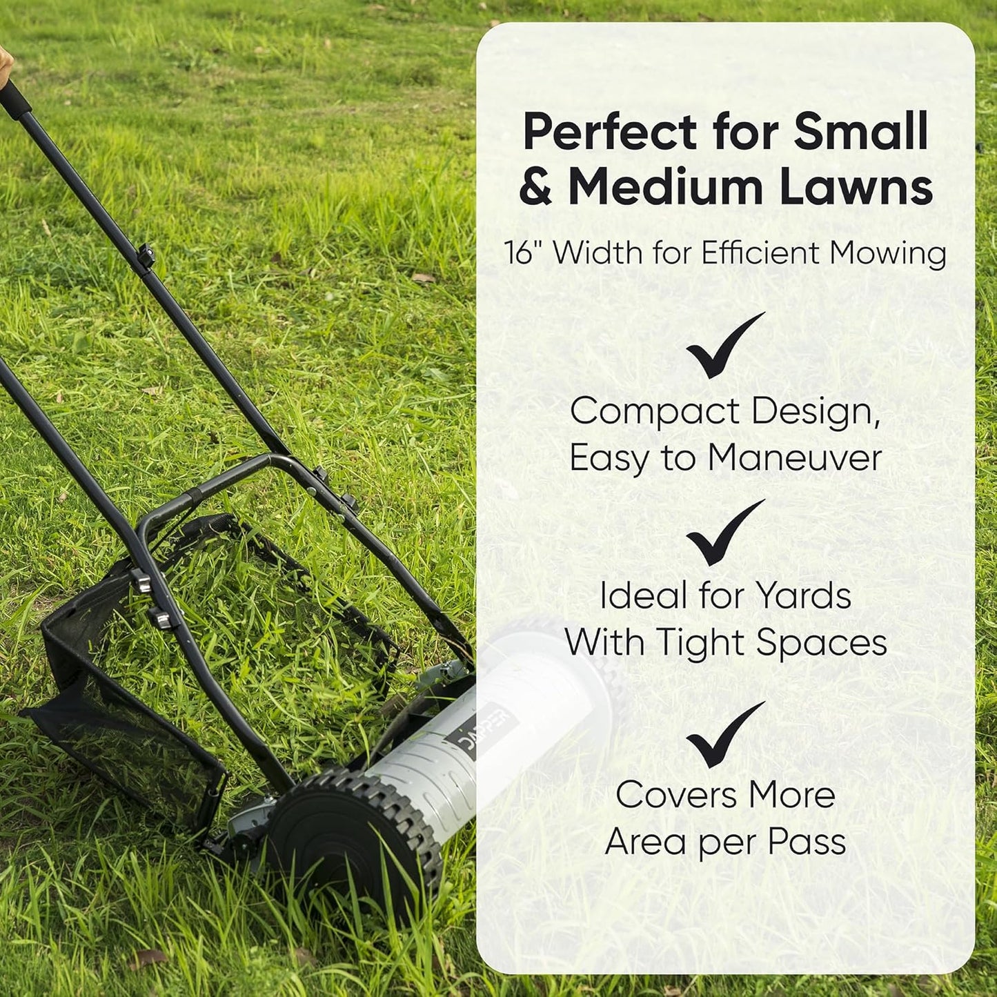 16" Push Reel Lawn Mower with Grass Catcher – Manual 5-Blade Hand Mower, Adjustable 3-Position Cutting Height (0.5"–1.75"), Lightweight & Eco-Friendly – 1-Year Warranty