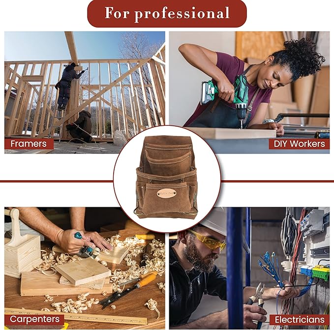 Style n Craft 10-Pocket Carpenter’s Nail and Tool Pouch, Heavy-Duty Suede Leather Pouch, Dark Tan (88923)