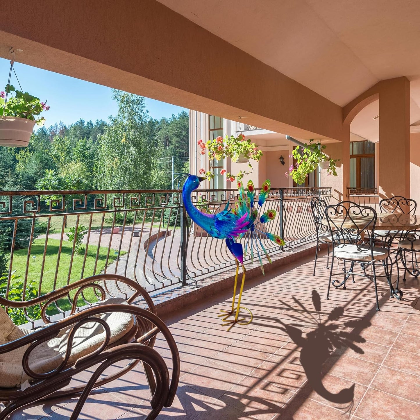 Metal Peacock Garden Statue, 36-Inch Iridescent Blue Purple Outdoor Sculpture, Decorative Lawn Art with Stand