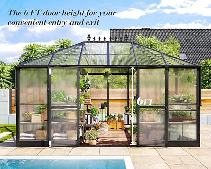 Jocisland 14x9.5x9 FT Polycarbonate Greenhouse- 6 FT Wall Height Outdoor Aluminum Greenhouses with 2 Ventilation and Rain Gutter, Double Doors with Hook, Walk-in Greenhouse for Backyard Garden
