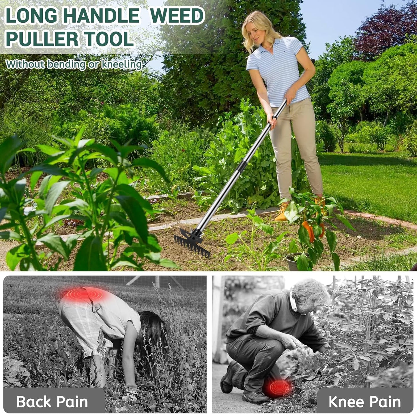 Weed Puller Tool with Long Handle, 2 in 1 Manual Weed Rake and Garden Hoe, 11 Tooth Weed Remover Tool, Hoe Garden Tool, Uprooting Weeding Tool for Yard, Lawn, Patio and Garden
